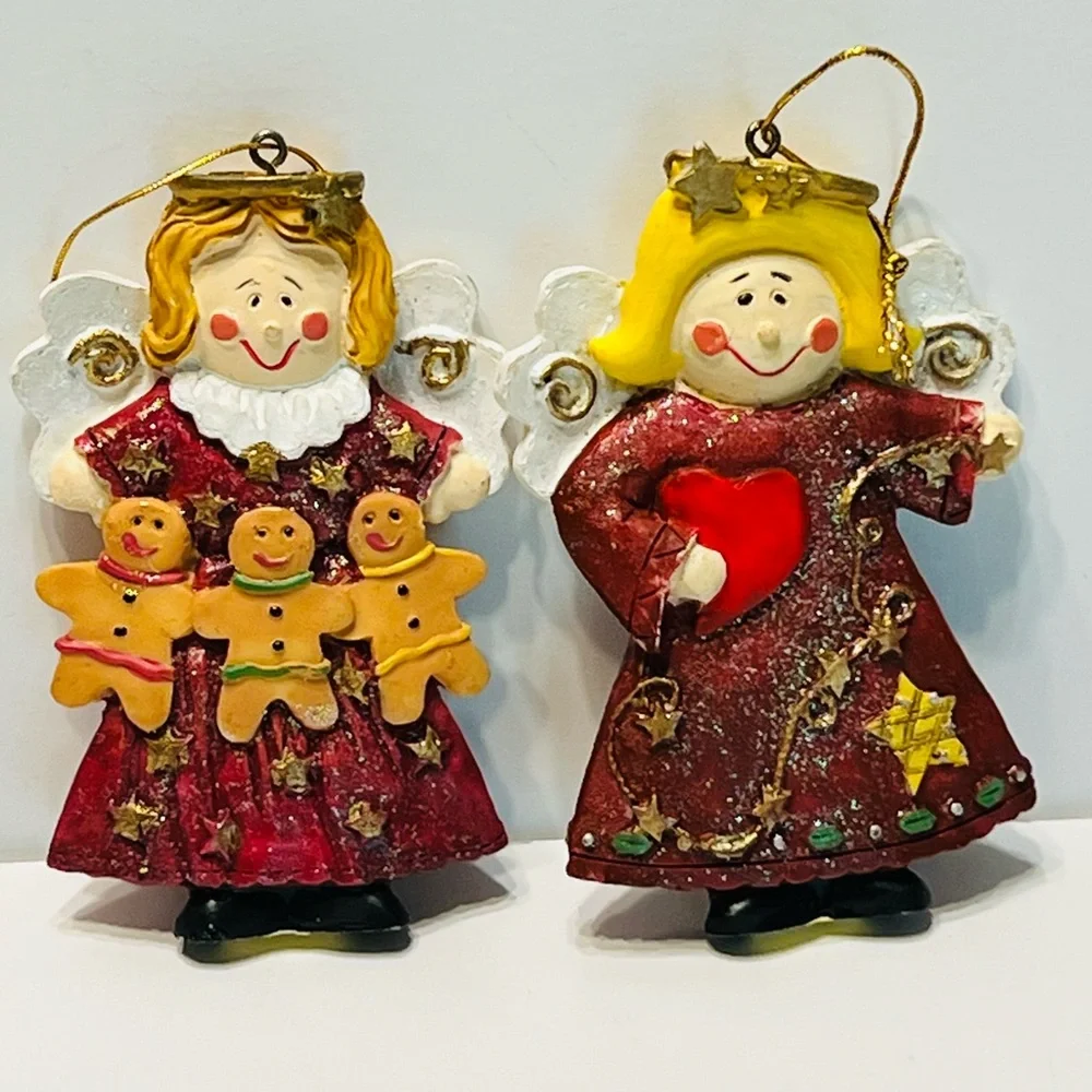 Festive Angel Ornaments 5 Inches Tall with Red Dresses Lot of Two